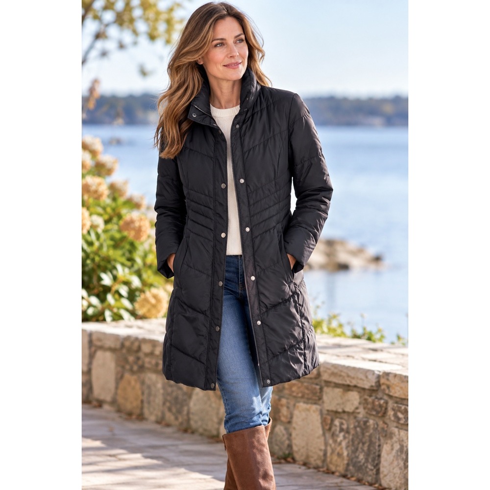 Anne Klein Black‎ Chevron Quilted Puffer Coat Mid Length Parka Womens Small